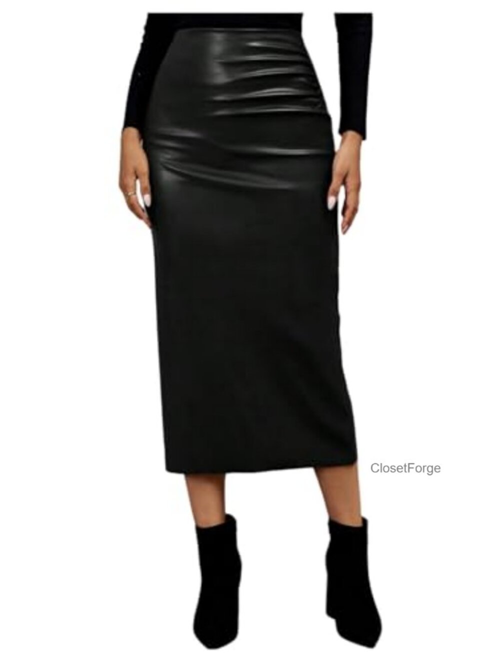 Faux Leather High Waist Slit Maxi Pencil Skirt Ruched Side